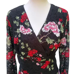 VTG Y2K Fashion Bug Floral Lace Top XL Black‎ Red Bell Sleeve Whimsigoth Vampy thumbnail 5