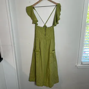 ANTHROPOLOGIE- Pilcro Flutter Sleeve Midi Dress Linen Green Boho Raw Hem Ruffle thumbnail 3