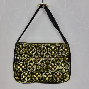 Vintage Retro Womens Bag Black Gold Beaded Studded Corduroy Purse Hong Kong thumbnail 3