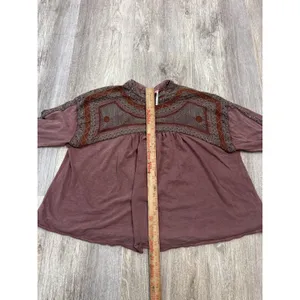 Free People Embroidered Long Sleeve Babydoll Top Plum Mauve Cotton Size Medium thumbnail 6