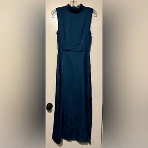 PRETTYGARDEN NWT Womens Thigh Slit Mock Neck Satin Maxi Dress dark blue size M thumbnail 4