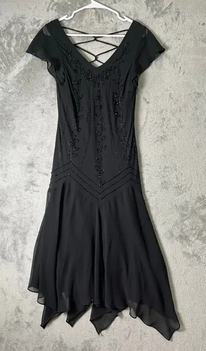 Vintage Whimsigoth Black Beaded Handkerchief Hem Strappy Back Midi Dress Size S thumbnail 1