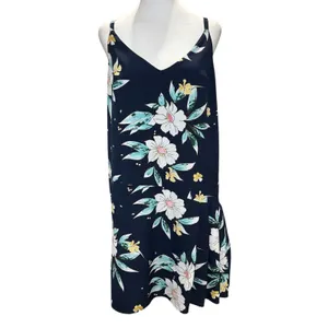 FRNCH Navy Blue Floral Spaghetti Strap Dress‎ Large Lined Pleated Shift thumbnail 2