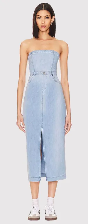 NWT Free People Dress Blue Picture Perfect Midi Denim Strapless Jean Size 2 thumbnail 1