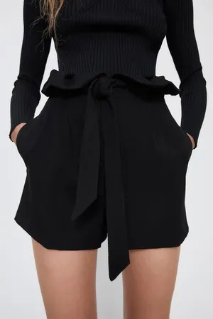 Zara Black High Waisted Paperbag Bermuda Shorts thumbnail 3