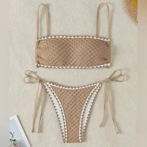 SHEIN Sawtooth Trim Textured Bikini Set, Khaki/Tan, Size L, NWOT thumbnail 1