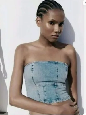 Zara Denim Crop Tube Top Corset thumbnail 1