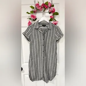 Banana Republic Gray White Coastal Linen Blend Preppy Size 4 Striped Shirt Dress thumbnail 2