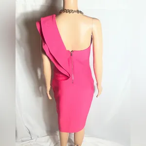 Hot Pink One Shoulder Ruffle Midi Bodycon Dress Size M Slit Back Zip thumbnail 4
