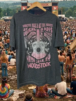 Vintage Woodstock Guitar Graphic Tee - Charcoal with Pink Print thumbnail 1