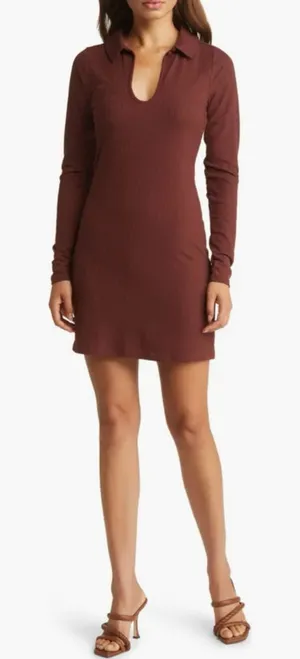 Women's FOURTEENTH PLACE Brown Long Sleeve Ribbed Dress XS thumbnail 1