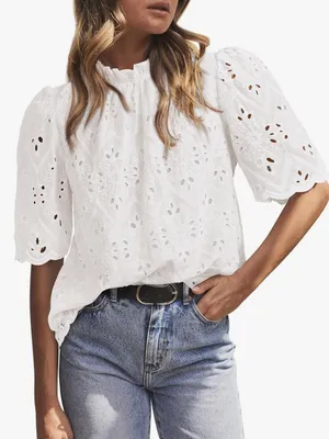 PrettyGarden Womens Small White Eyelet Embroidered Puff Sleeve Ruffle Top thumbnail 1