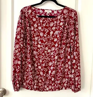 LOFT Burgundy Floral Long Sleeve Relaxed Blouse thumbnail 1