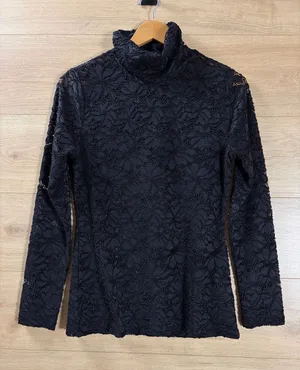 White House | Black Market Black Lace Turtleneck Long-Sleeve Top Small thumbnail 1