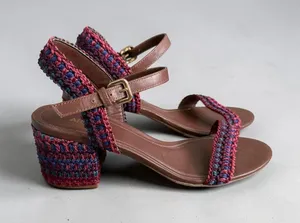 AREZZO Brown Leather Multicolor Woven Sandals Heels Size 8 thumbnail 1