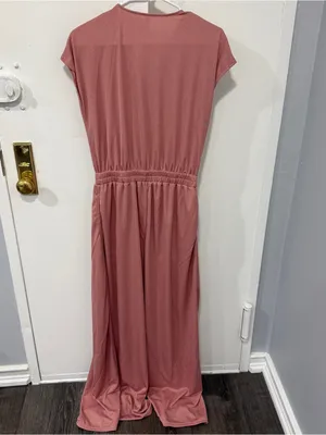 NWOT Halara Light Pink V Neck Short Sleeve Wide Leg Flowy Waffle Casual Jumpsuit thumbnail 7