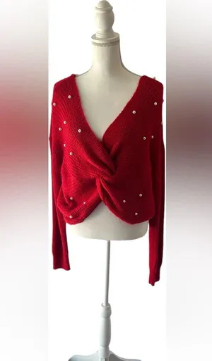 No Boundaries Red Off-the-Shoulder Sweater with Pearl Details thumbnail 1