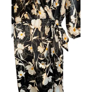 Naif Faux Wrap Satin Dress‎ Women's XL Balloon Sleeve Lilly Floral Wedding Event thumbnail 3