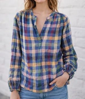 GAP Long Sleeve Femme Cotton Pullover Top Plaid Blue Pink Medium thumbnail 1