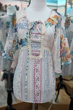 New Direction Boho Floral Sheer Blouse Medium Swiss Dot Lace Peasant Top thumbnail 4