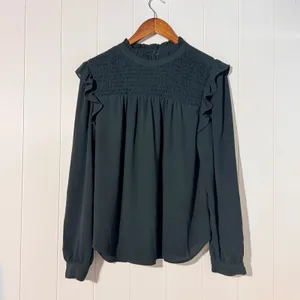 LOFT Flutter Sleeve Smocked Yoke Blouse Medium Green Long Sleeve Top thumbnail 2