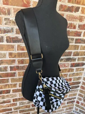 Black & White Checkered Sling Crossbody Bag – Adjustable Strap Gold Hardware thumbnail 5