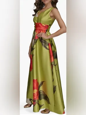 NEW DONNA KARAN NY Printed V-neck Floral Mikado smmr citro green Gown Sz 12 thumbnail 3