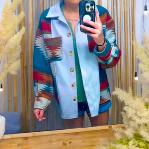 Boho Aztec Shacket Oversized Button Down Blue thumbnail 4