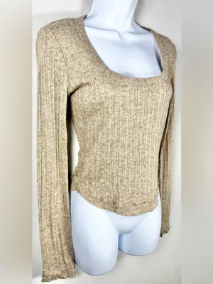 Altar'd State Rival Beige Ribbed Scoop-Neck Long Sleeve Top Size Small thumbnail 4