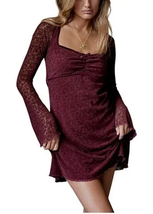 Motel Size XL Burgundy Velvet Mini‎ Dress Sweetheart Neckline Bell Sleeve thumbnail 1