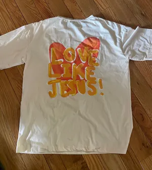 White Short Sleeve Tee with Orange & Pink Heart 'Love Like Jesus' Graphic thumbnail 1