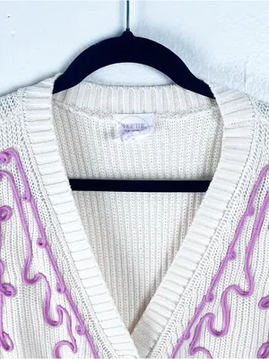 SHOP THE CHIC GIRL Cream Pink Embroidery Button V-Neck Cardigan Medium Preppy thumbnail 7
