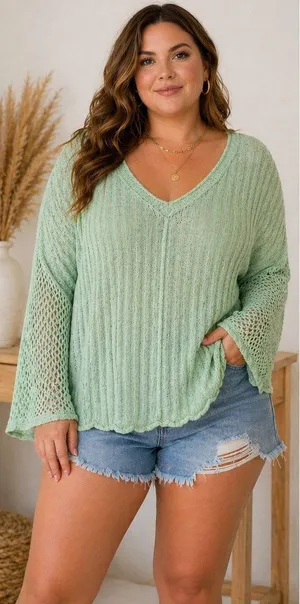 POL Mint Green Open Knit Sweater L Boho Slouchy Lightweight Pullover thumbnail 1