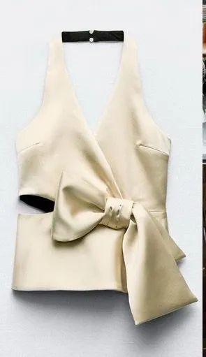 NWT Zara soft gold bow satin halter top. Size Large thumbnail 1