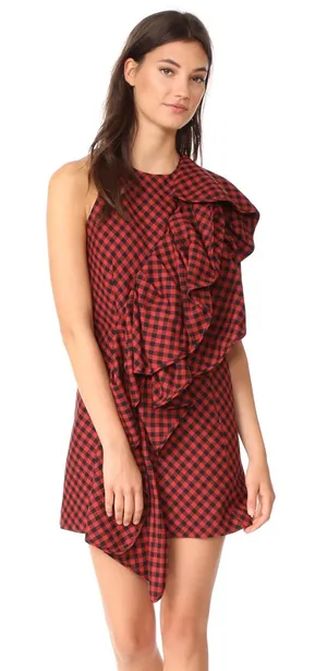 NWT Petersyn Ariana Arona Gingham‎ Ruffle Asymmetrical Dress Red Black XS thumbnail 1