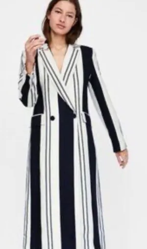 Zara Striped Blazer Dress Womens XS Black‎ White Long Double Breasted Maxi Coat thumbnail 1