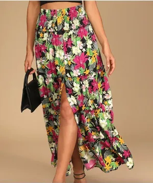 Lulus Tropical Trends Skirt Womens XS Multicolor Floral Smocked Maxi thumbnail 1