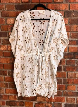 Surf Gypsy womens floral eyelet lace swim cover-up dress tunic cream M thumbnail 1