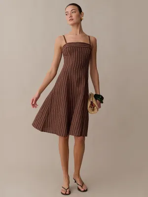 NWT o.p.t Gizele Linen Dress size Small S brown white stripe midi few moda thumbnail 4