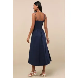 NWT Lulus Tandria Navy Smocked Sleeveless Midi Dress Holiday Gala Wedding Size M thumbnail 3