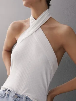 Anthropologie Ribbed Halter Top open deep low back knit sleeveless thumbnail 1