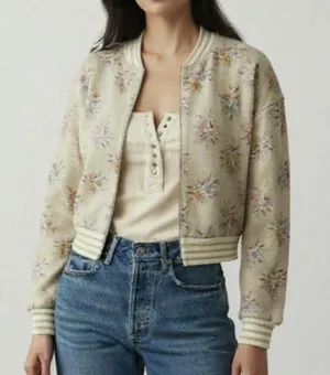 Anthropologie Maeve Lurex Floral Print Metallic Knit Bomber Jacket Size Small thumbnail 1