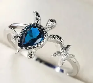 Adorable Silver/Blue Turtle Ring Size 7 thumbnail 1