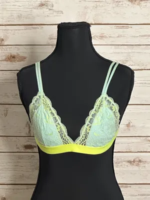 PINK Victoria's Secret mint green/neon yellow lace triangle bralette Size Medium thumbnail 1