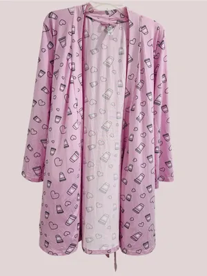French Affair Coffee Lover Pink 3-Piece Pajama Lounge Set Robe Cami Shorts XL thumbnail 6