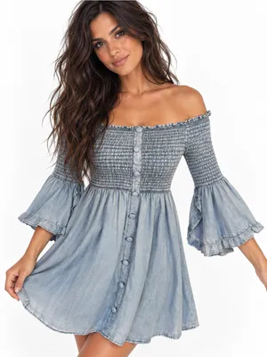 VENUS Denim Dress Size 2 Smocked Off Shoulder Bell Sleeve Button Front Boho thumbnail 1