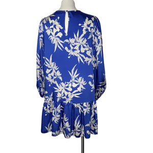 Alexis Floral Satin Mini Dress Large Blue White Long Sleeve No belt thumbnail 3