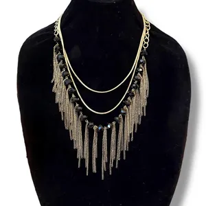Gold tone multi strand black faceted bead fringe necklace thumbnail 1