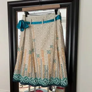 Mint Green Boho Eyelet A-Line Pleated Midi Skirt Teal Yellow Small thumbnail 4