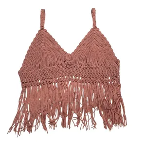 POL Crochet Fringe Crop Top Bralette – Boho Festival Tank, Dusty Rose Pink, Sz L thumbnail 8